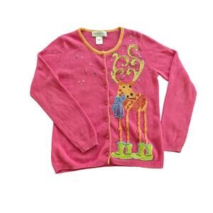 Pink Cardigan Christmas Holiday Sweater Appliqued Reindeer by Susan Bristol